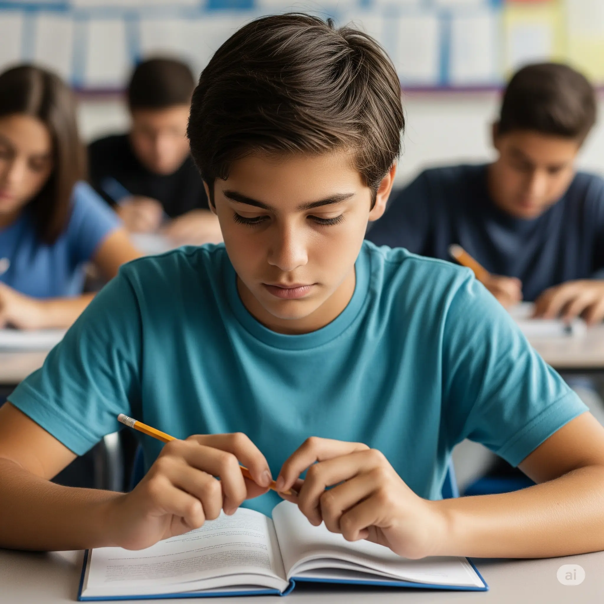 A thoughtful young male student in a classroom setting, subtly showing signs of Obsessive-Compulsive Disorder (OCD) in children and teens.