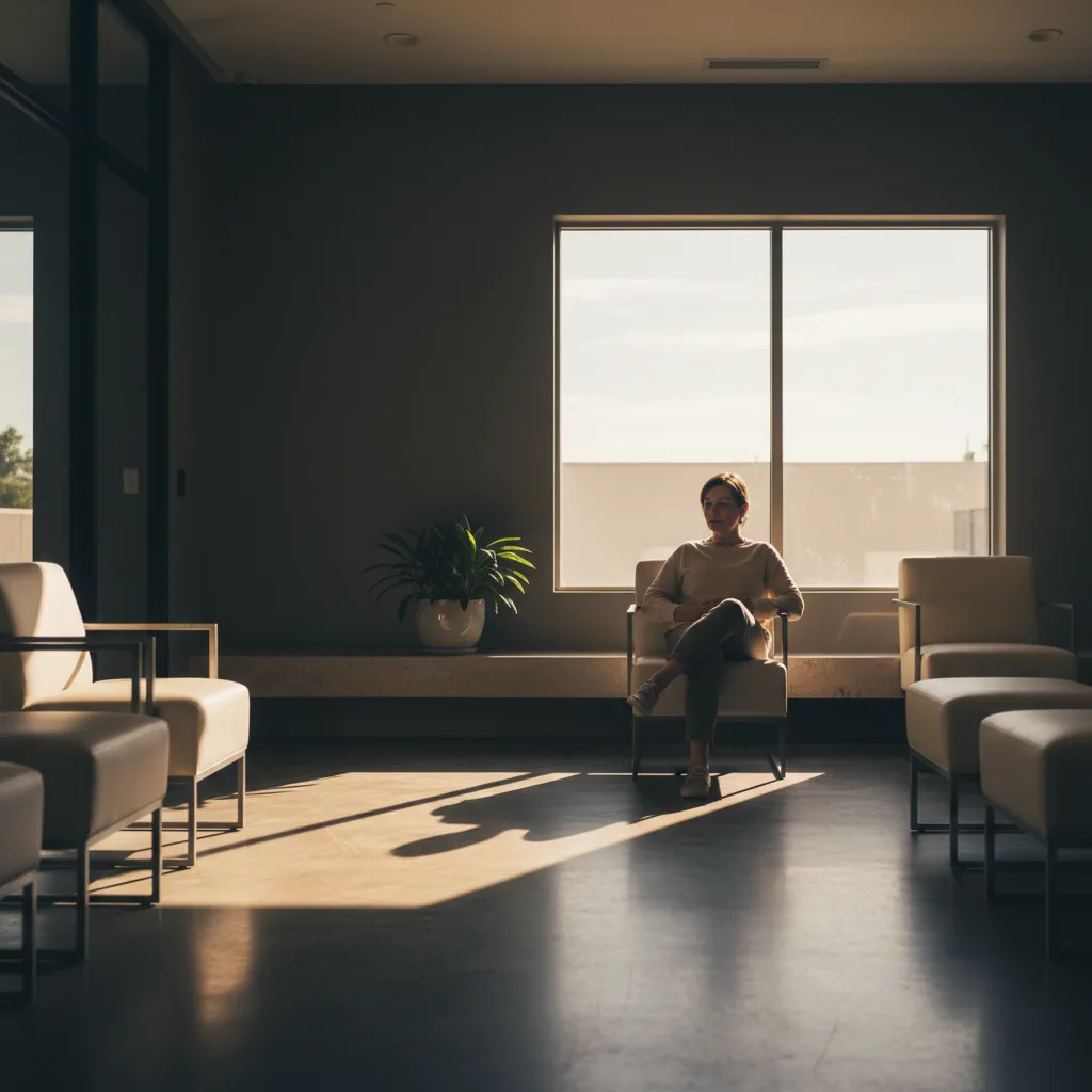 Client in a calm waiting area after an insurance-covered crisis mental health visit