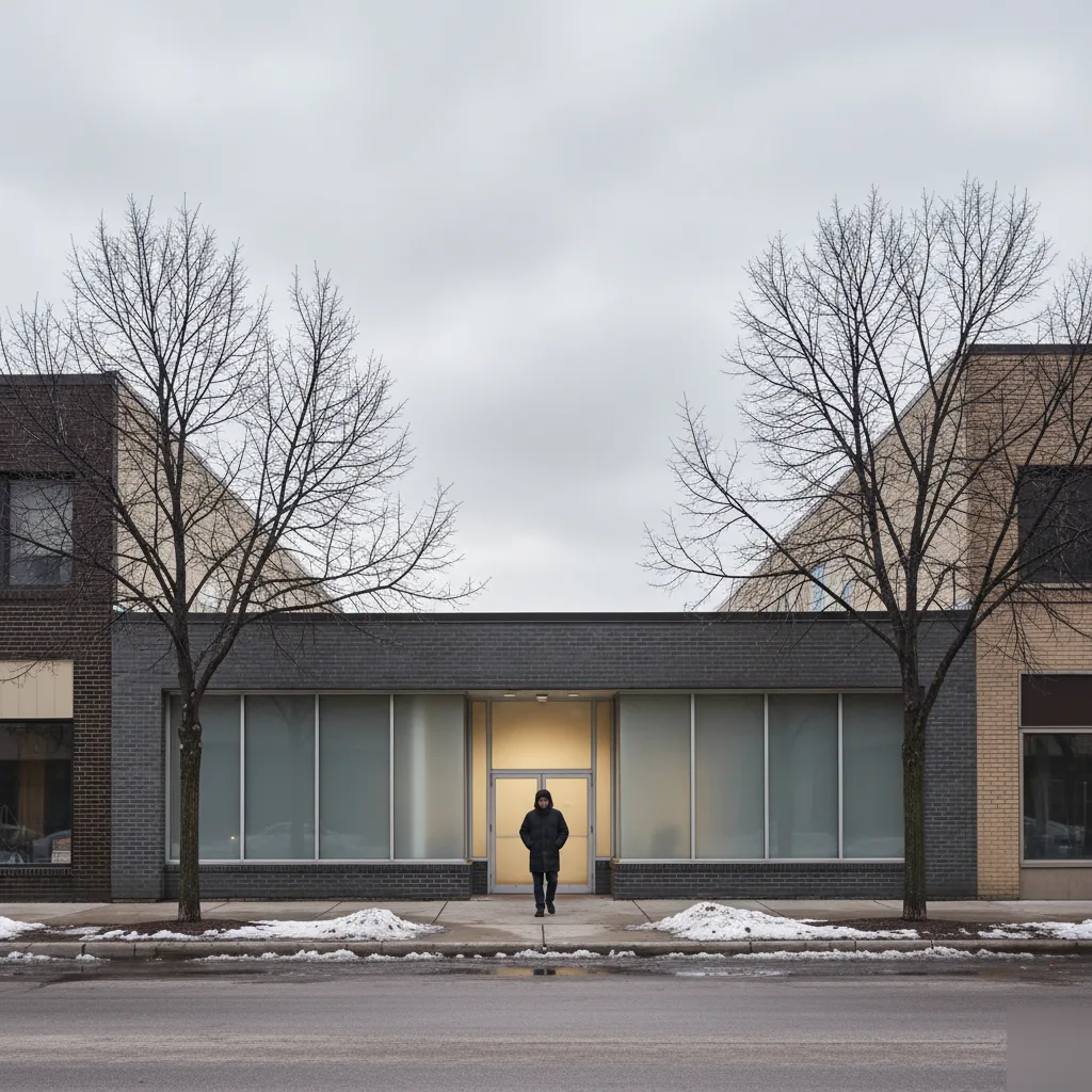 Clinic entrance in winter for crisis mental health appointments
