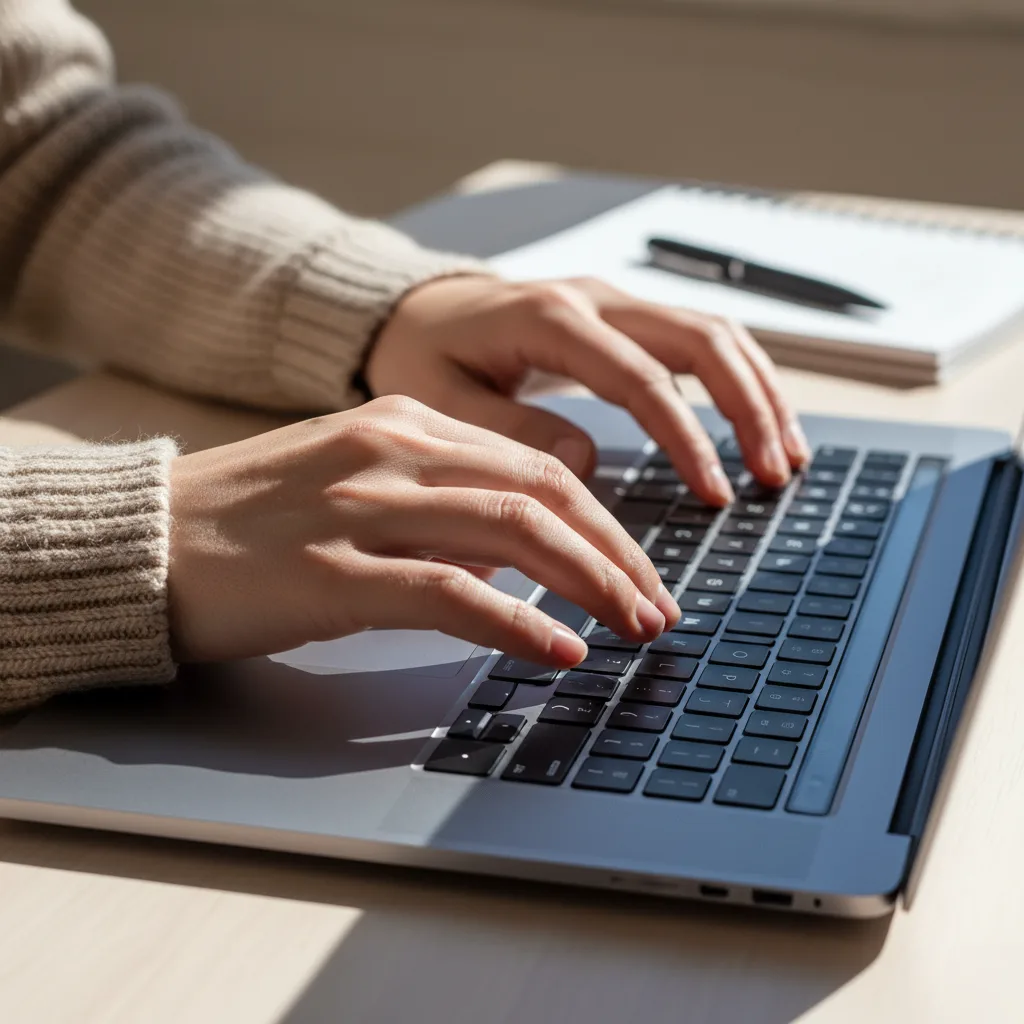 Hands on a laptop keyboard during a telehealth therapy session