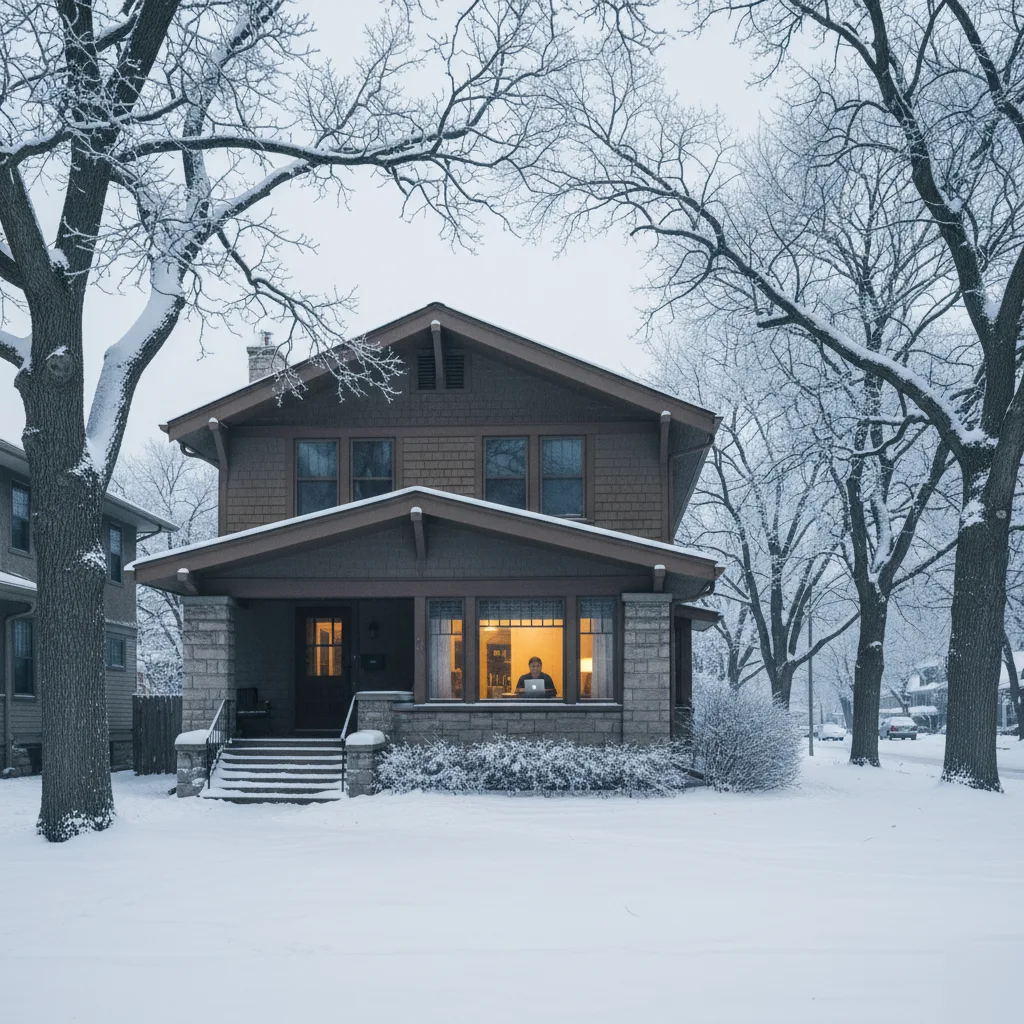Snowy Minnesota home exterior in winter, where a client joins therapy online