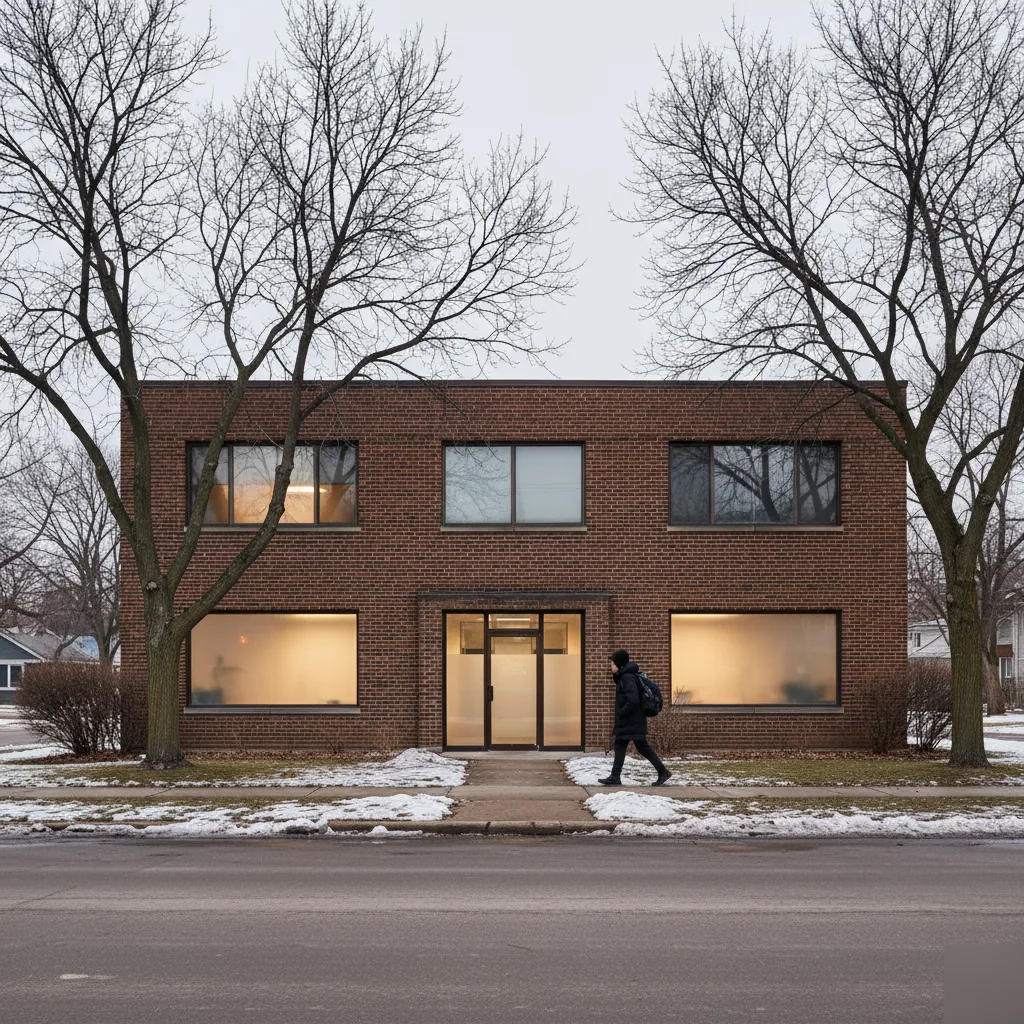 Clinic exterior in winter where teens attend therapy sessions