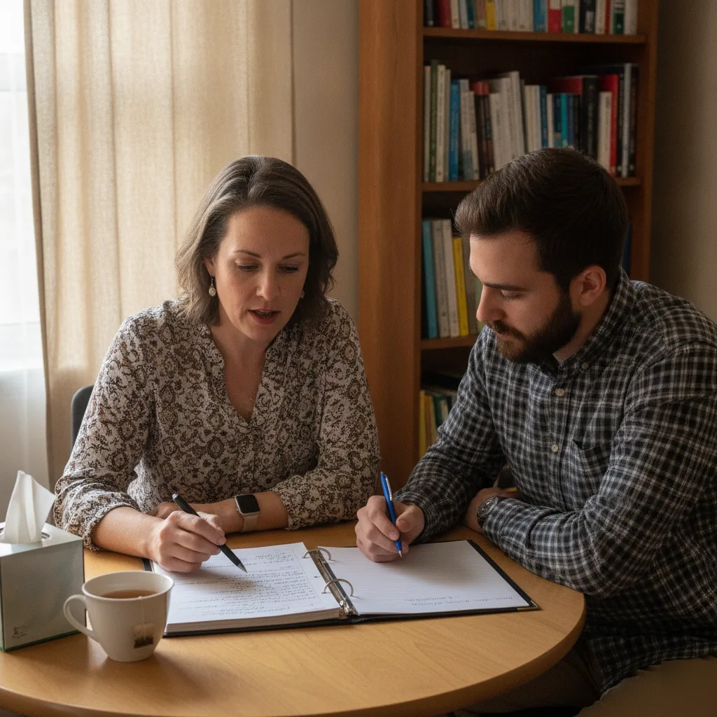Couple discussing relationship concerns and taking notes during couples therapy in Minneapolis