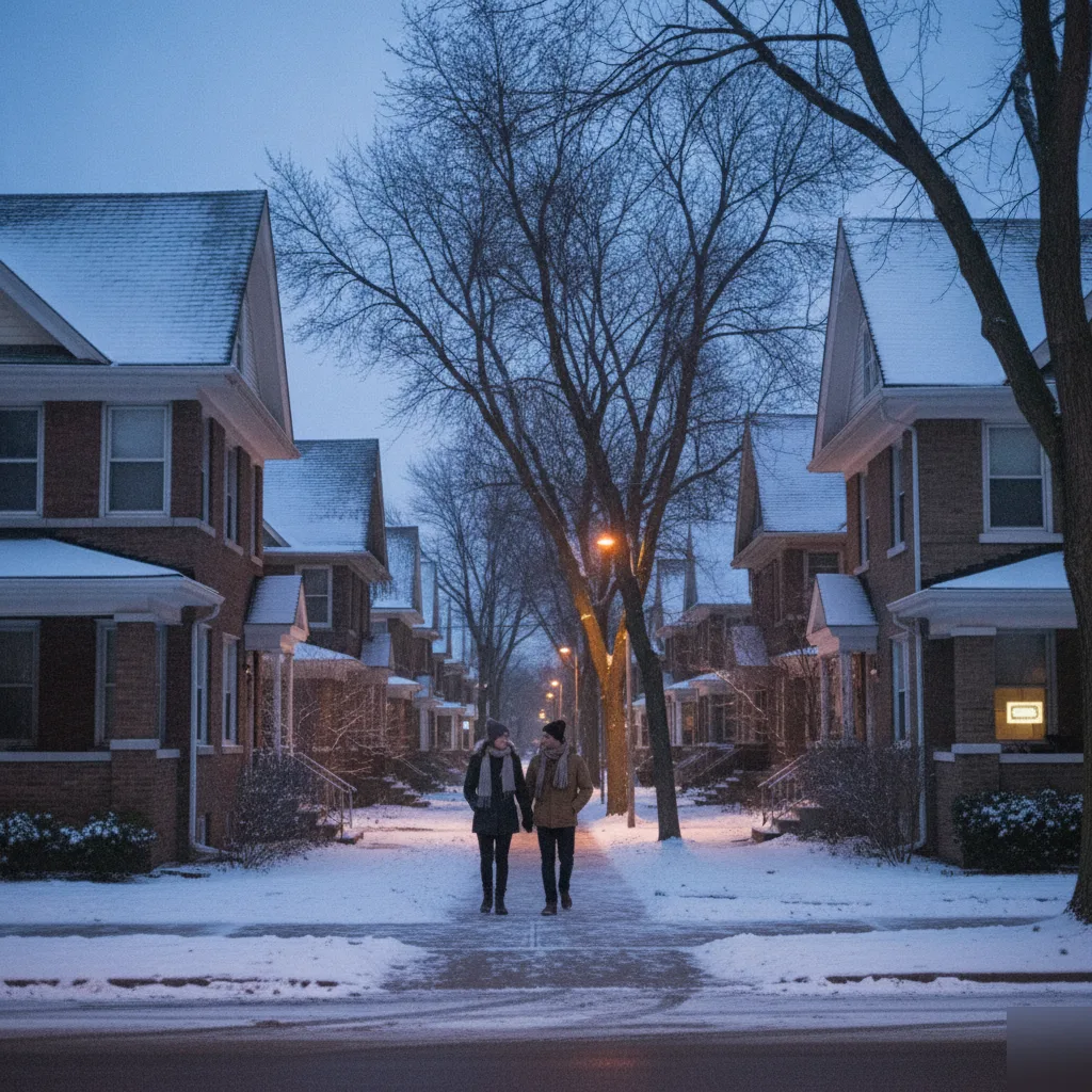 Couple walking together through a snowy Minneapolis neighborhood in winter