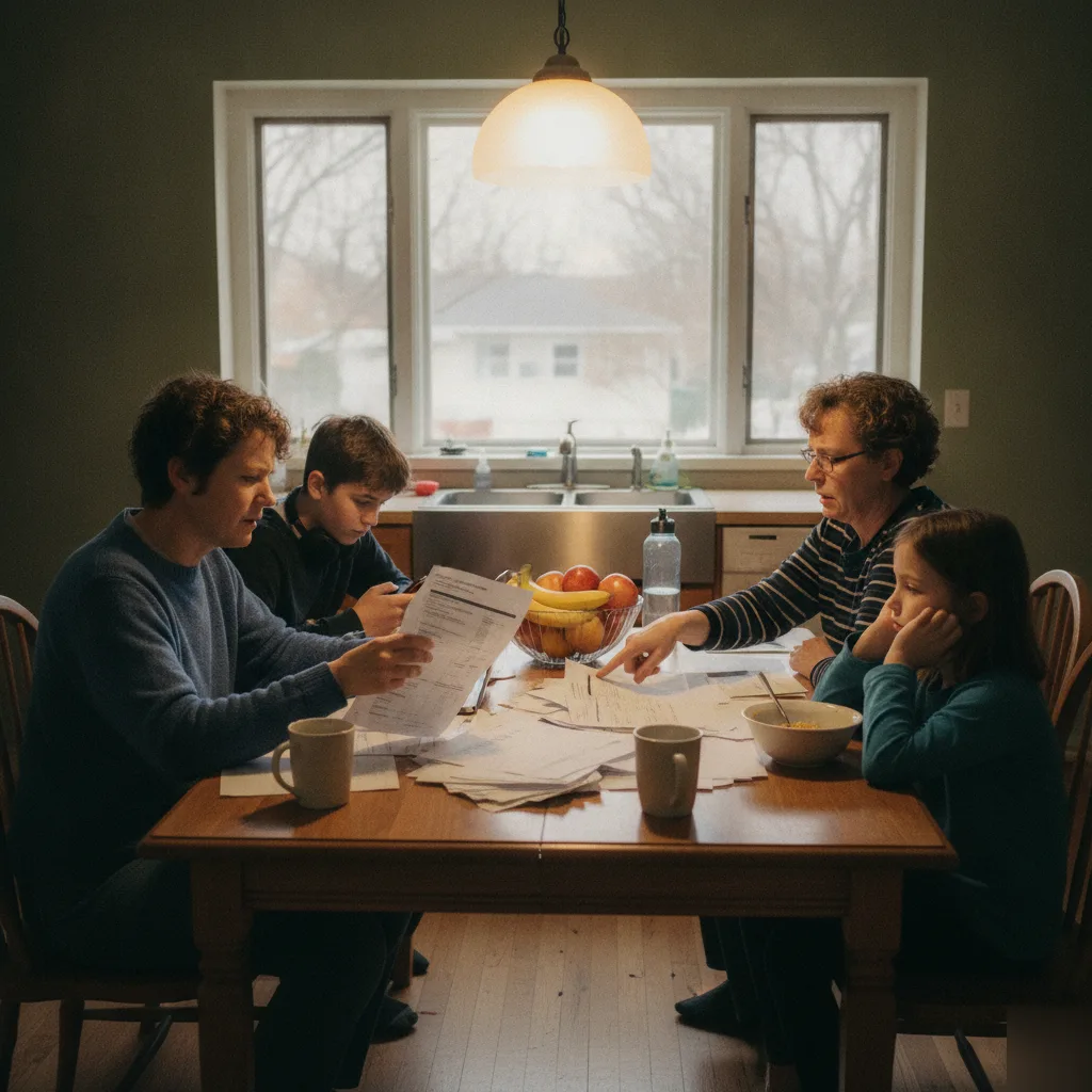 A family of four sitting around a kitchen table under a warm pendant light, reviewing paperwork spread across the table.