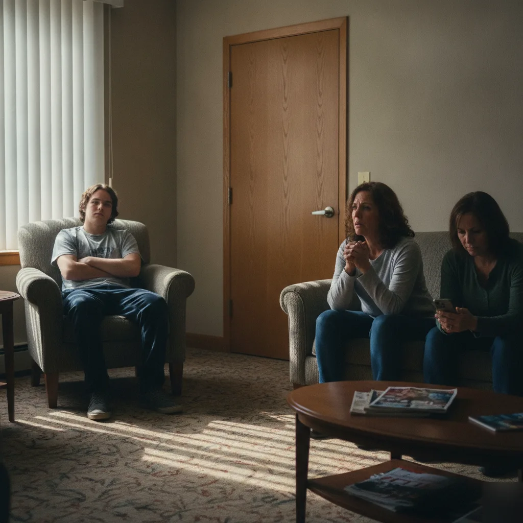 A young man sits alone in an armchair with his arms crossed while two women sit apart from him across the waiting room, none of them looking at each other.