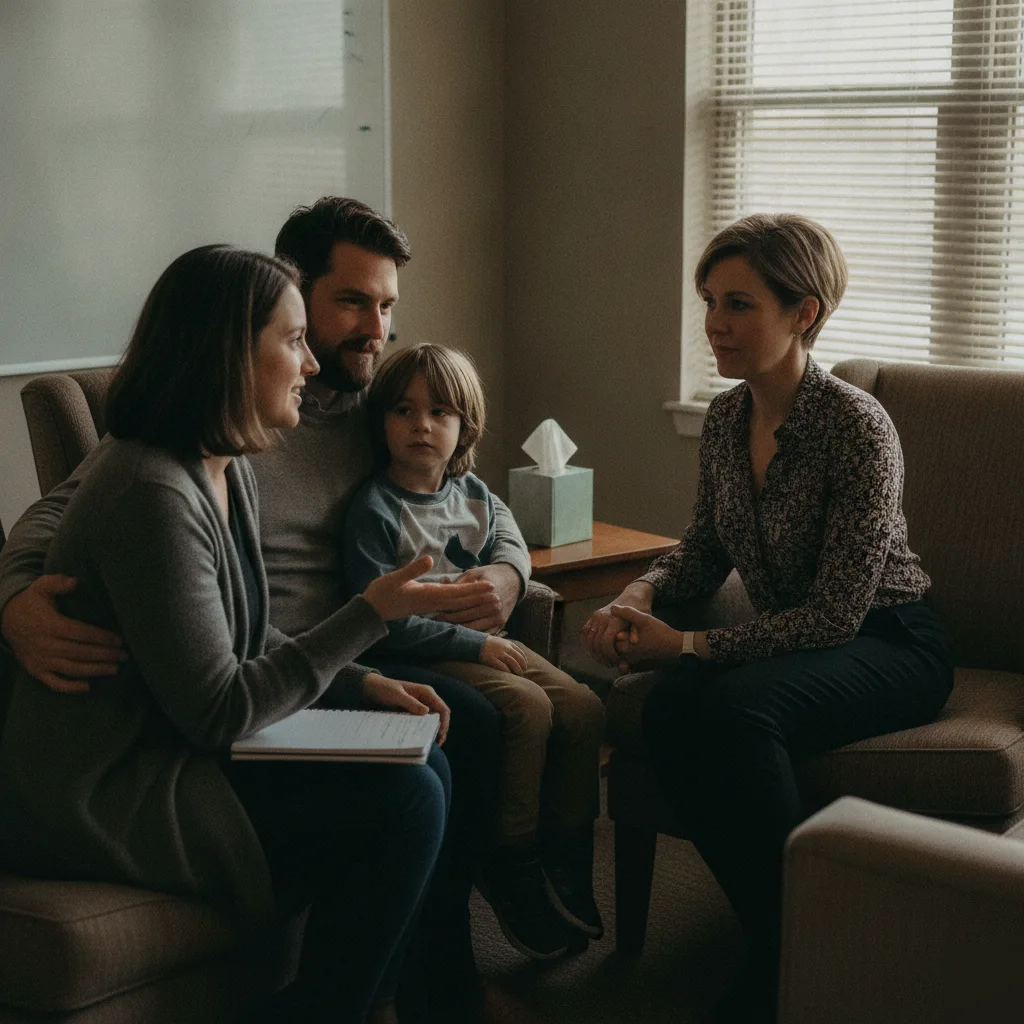 A mother, father, and young son sitting close together on a couch in a counseling session, facing a therapist who listens from an armchair.