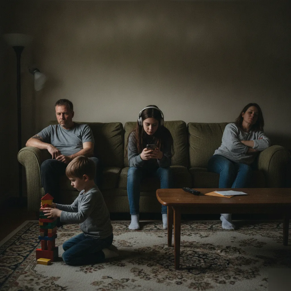 Family sitting silently apart in a living room, representing warning signs of family conflict in Minneapolis