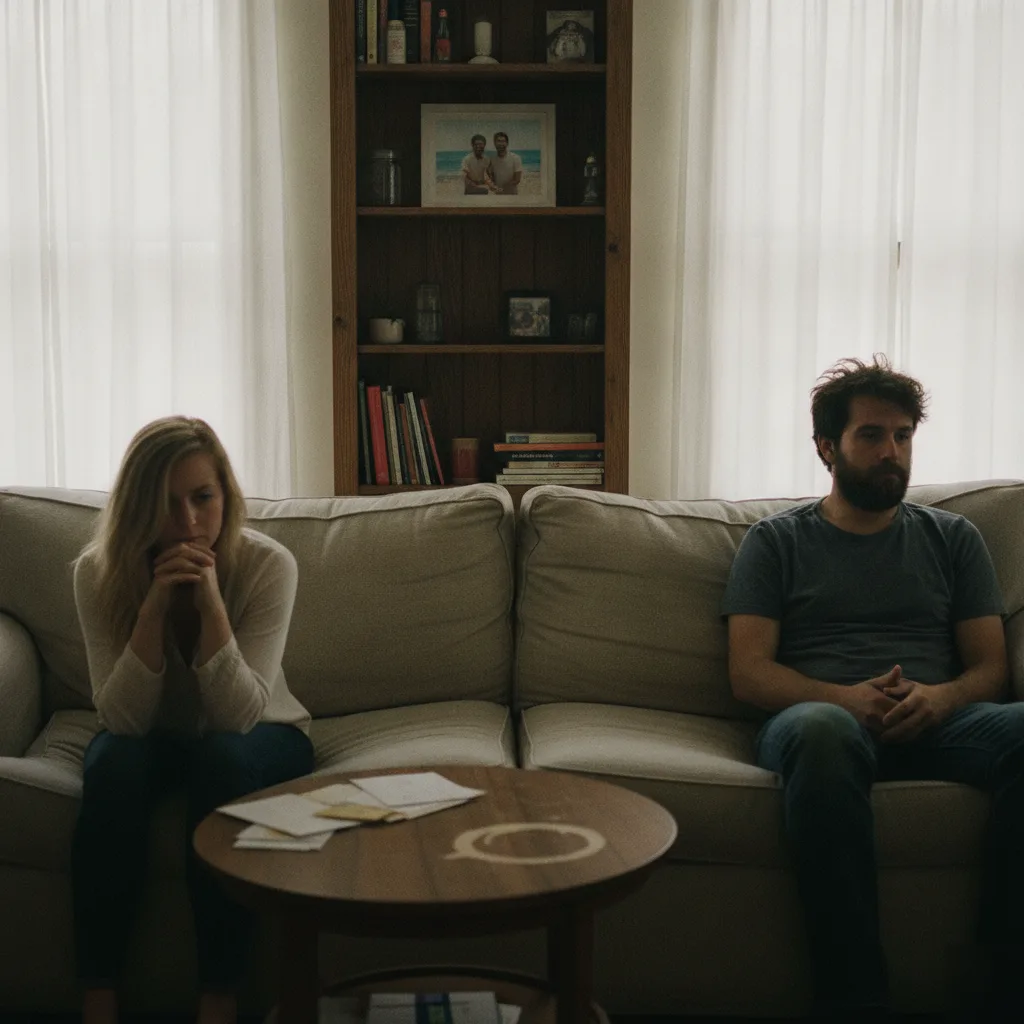 A woman and a man sitting at opposite ends of a couch in a living room, both looking down and away from each other, with papers on the table between them.